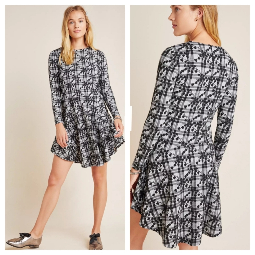 Anthropologie Hutch Black Jeanie Embroidered Plaid Floral Long Sleeve Dress